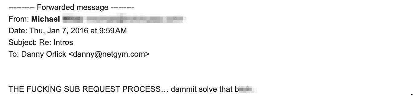 A forwarded email from January 2016 in which a studio leader tells Danny to solve the sub request process