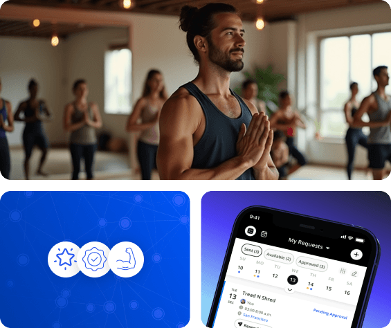A yoga instructor leading a class, with badges for skills and certifications and the NetGym app showing a sub request