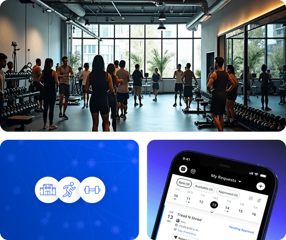 Members gathered on a gym floor, with badges for the club and the NetGym app showing a sub request
