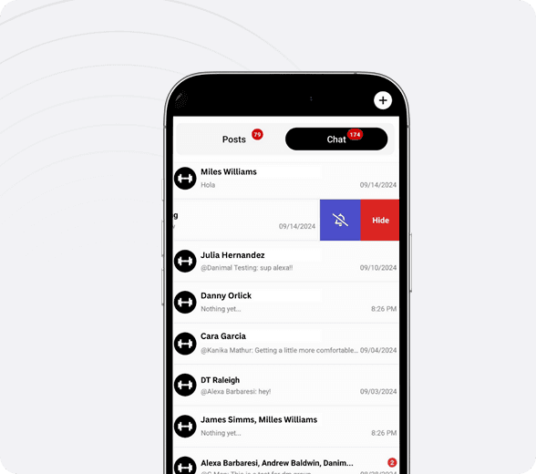 The NetGym chat list on a phone, with direct and group conversations
