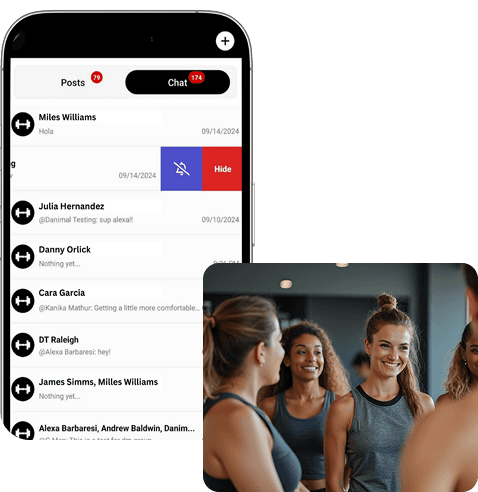 The NetGym chat list on a phone, next to a photo of smiling fitness instructors
