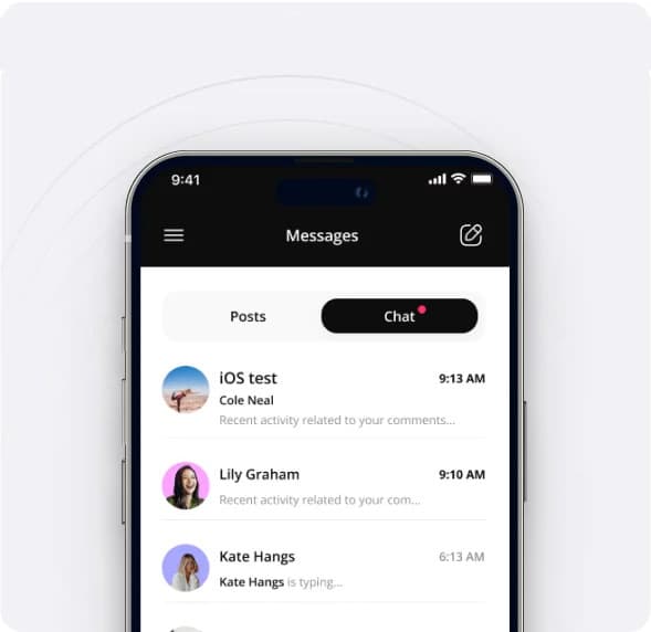 The NetGym Messages screen on a phone, with Posts and Chat tabs