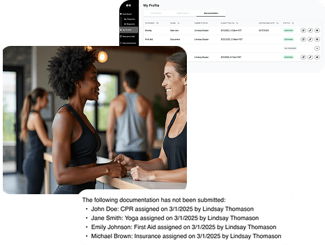 A NetGym documentation table and a message listing documents that have not been submitted, beside a photo of two fitness instructors talking