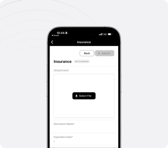 The NetGym upload screen for an Insurance document on a phone, with a Select File button and fields for the document name and expiration date