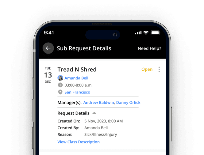 The NetGym app showing the details of an open sub request