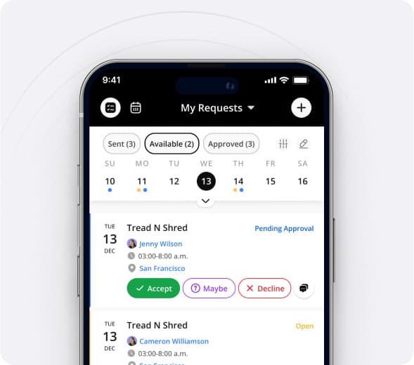 The NetGym My Requests screen on a phone, with Accept, Maybe and Decline buttons on a sub request
