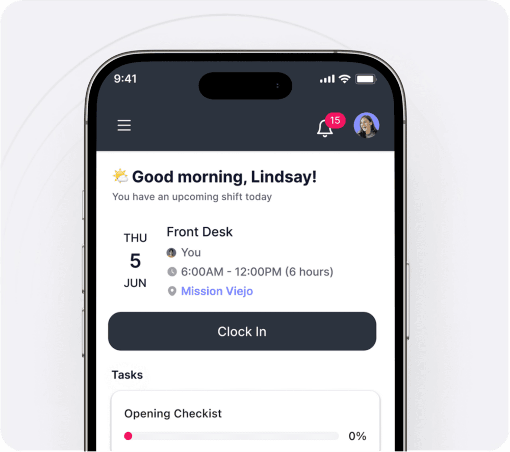 The NetGym app home screen on a phone, showing an upcoming front desk shift, a Clock in button and an opening checklist
