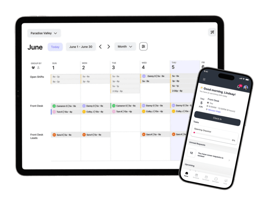 The NetGym shift calendar on a tablet, with the staff schedule on a phone in front of it
