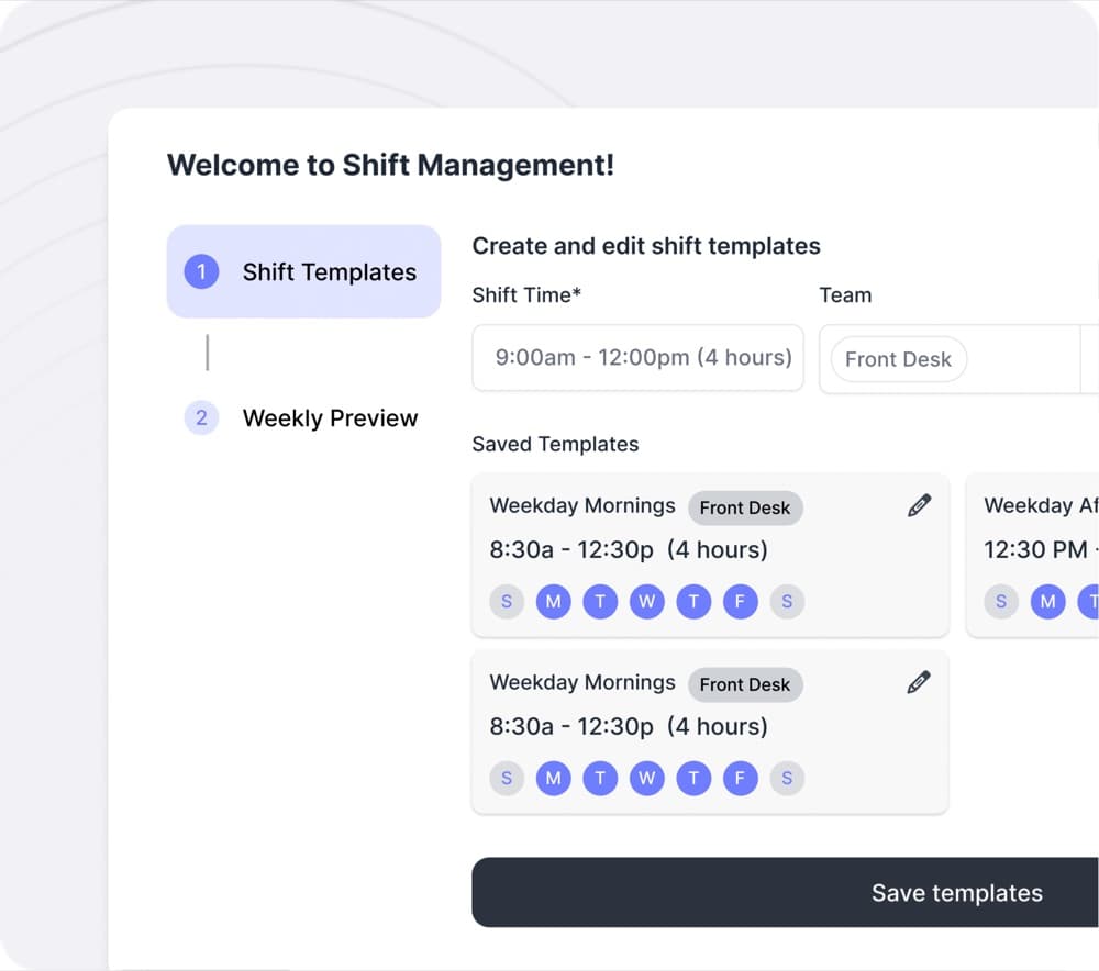 The NetGym shift templates screen, with saved Weekday Mornings templates for the front desk