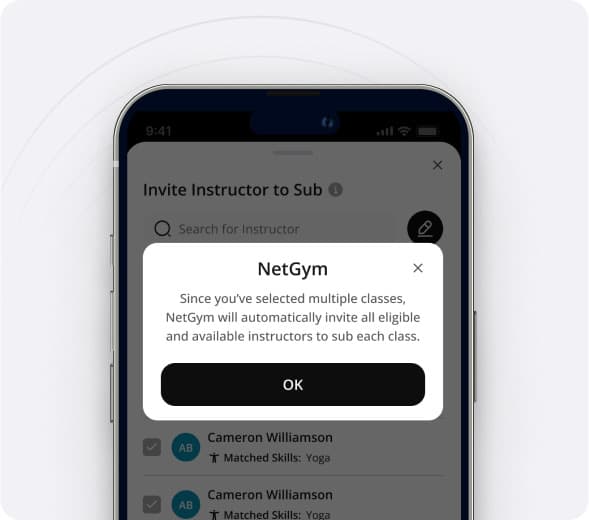 The NetGym app inviting every eligible instructor, matched by skill, to cover a class