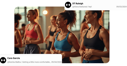 Fitness instructors laughing together, with NetGym chat messages overlaid