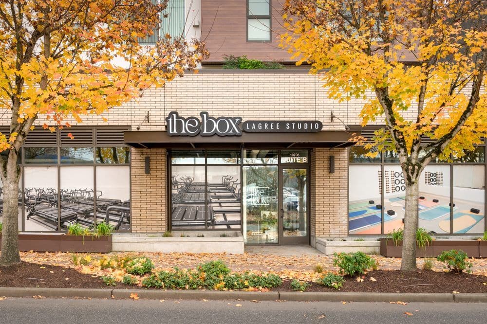 The Box Lagree Studio storefront in autumn