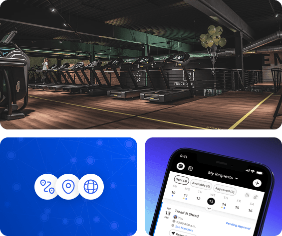 A row of treadmills in a gym, with badges for locations and the NetGym app showing a sub request