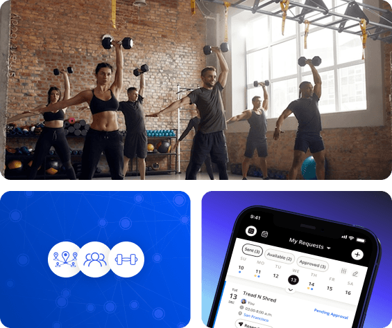 Members lifting dumbbells in a studio, with badges for locations and teams and the NetGym app showing a sub request