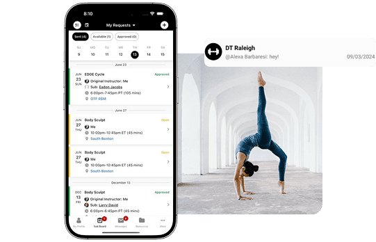The NetGym app on a phone showing a list of sub requests, next to a photo of a woman in a yoga pose