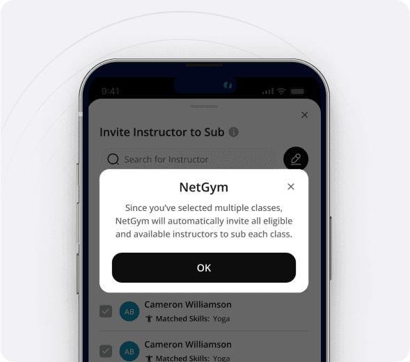 The NetGym app on a phone, telling a manager that all eligible instructors will be invited to sub each class