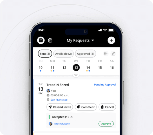 The NetGym Sub Board on a phone, with Sent, Available and Approved tabs and a request waiting for approval