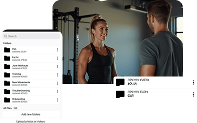 A NetGym folder list on a phone, beside a photo of two people talking in a gym