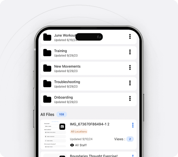 The NetGym Resources Hub on a phone, listing folders such as Training, New Movements and Onboarding, and the files inside