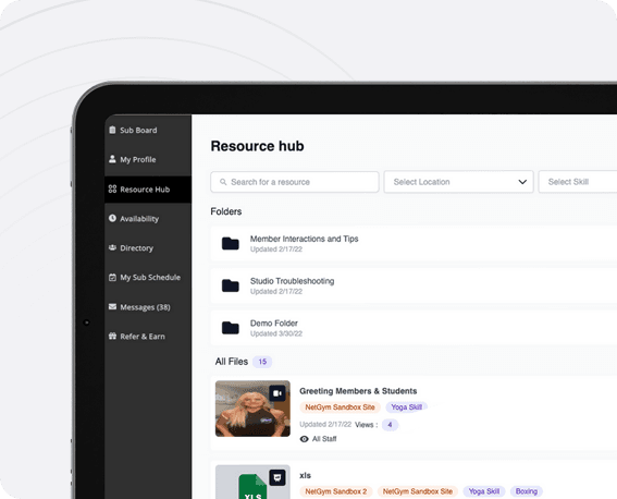 The NetGym Resource hub on a tablet, with folders and tagged files such as a video and a spreadsheet