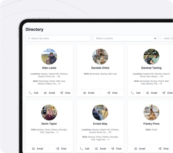 The NetGym staff directory, with a profile card for each instructor showing skills and locations