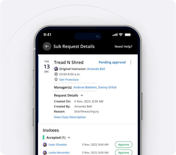 The NetGym app showing a sub request waiting for approval