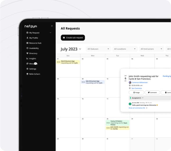 The NetGym sub schedule, a calendar showing the status of every sub request