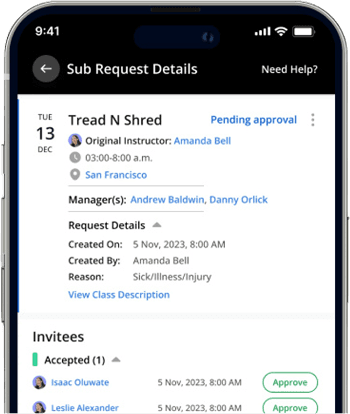 The NetGym app showing a sub request waiting for approval