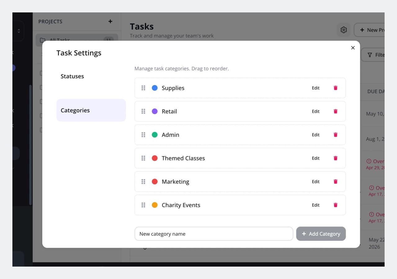 NetGym Task settings with color-coded categories such as Supplies, Retail, Admin, Themed Classes, Marketing and Charity Events