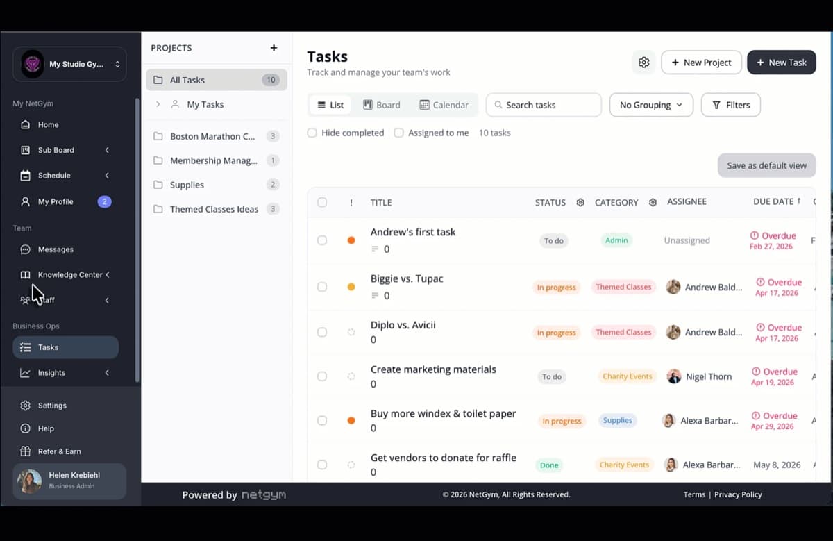 The NetGym Tasks list, showing each task's status, category, assignee and due date, with projects in the sidebar
