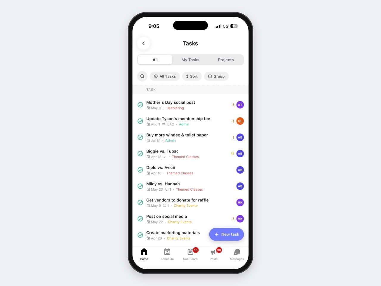 The NetGym phone app's Tasks screen with All, My Tasks and Projects tabs, each task's due date, category, priority and owner, and a New task button