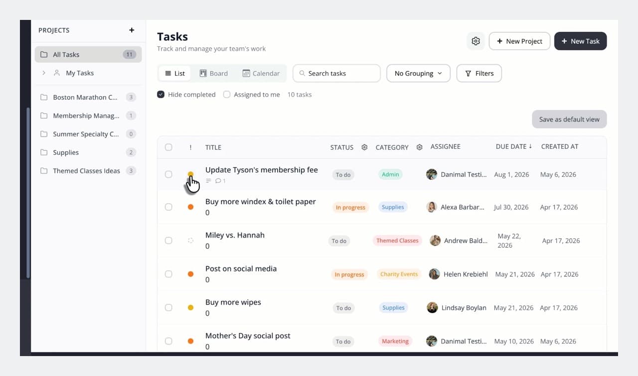 The NetGym Tasks list view with List, Board and Calendar options, search, grouping and filters