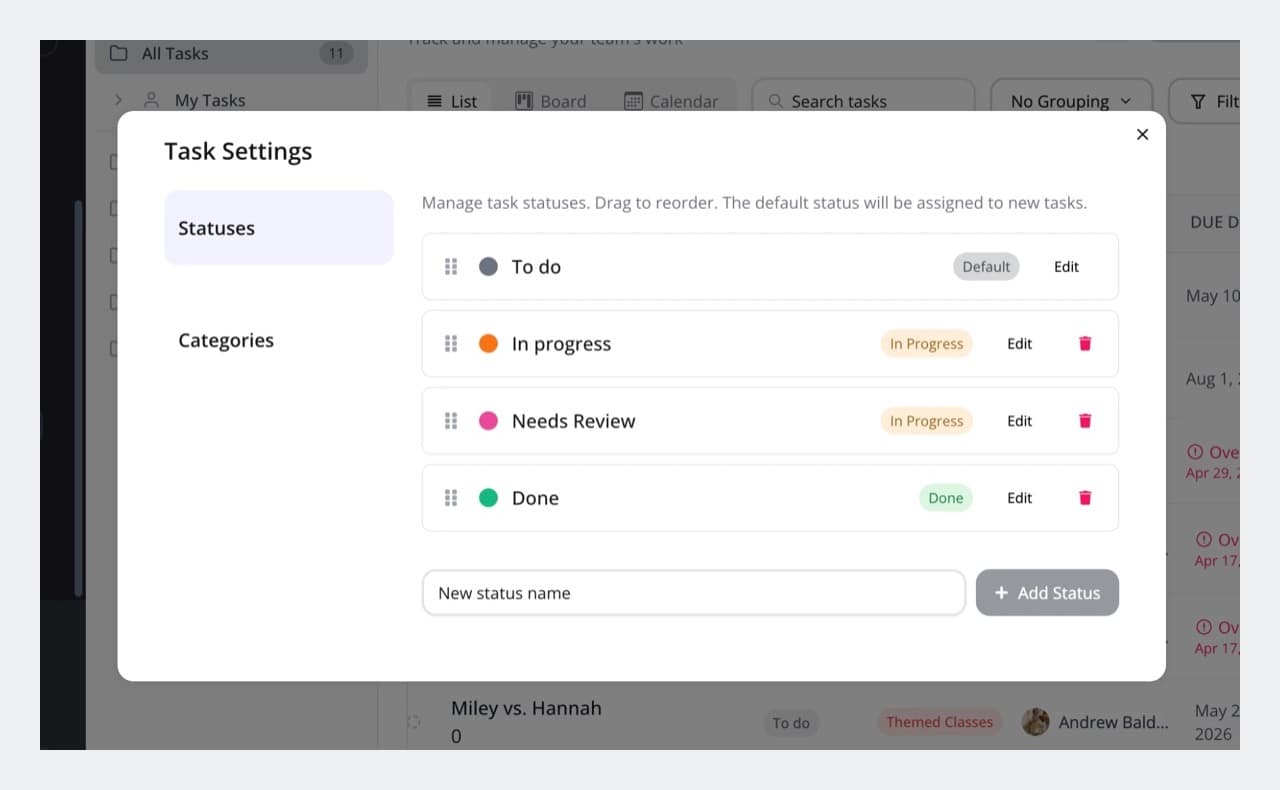 NetGym Task settings with statuses To do, In progress, Needs Review and Done