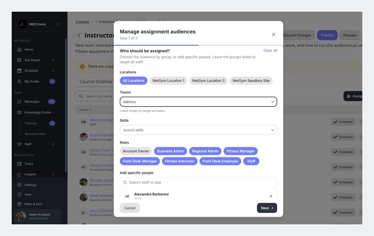 The NetGym Manage assignment audiences window, choosing locations, teams, skills, roles, and specific people for a course