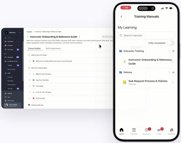 A NetGym training course outline on the web beside the My Learning screen in the NetGym phone app