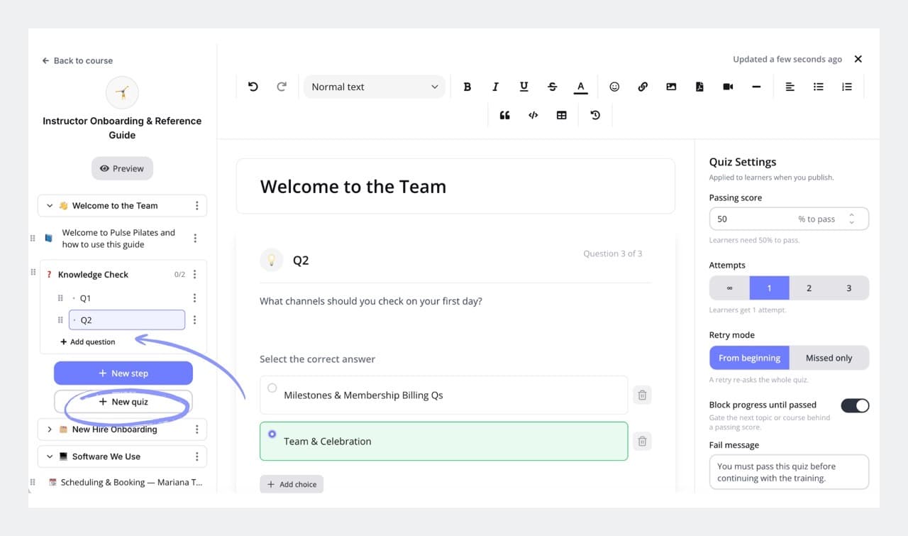 The NetGym quiz builder with a question, the correct answer marked, and settings for passing score, attempts, retry mode, and blocking progress until passed