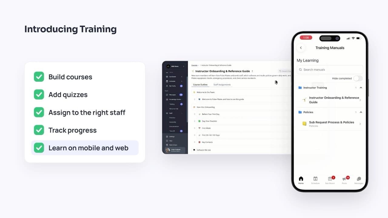 NetGym Training's five steps—build courses, add quizzes, assign to the right staff, track progress, learn on mobile and web—beside the web and phone app