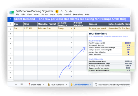 The Fall Schedule Planning Organizer spreadsheet, with a client demand tab and a summary of classes needed per week