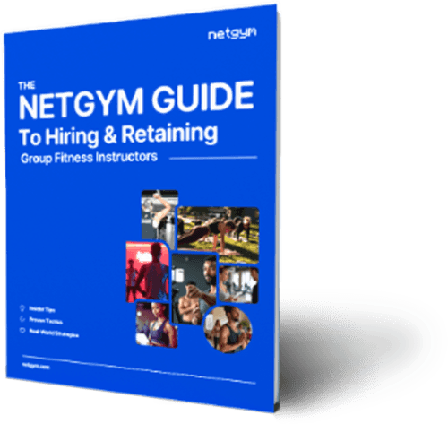 The NetGym guide to hiring and retaining group fitness instructors, shown as a printed book
