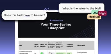 The Time-Saving Blueprint, a table of tasks with a column for the value each one brings to the business