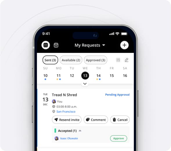 The NetGym app's My Requests screen, showing a sub request waiting for manager approval