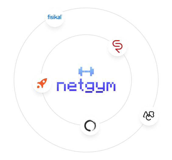 The NetGym logo in the center of two rings, orbited by the logos of Fisikal, ClubReady, Mariana Tek, Mindbody and ABC Fitness